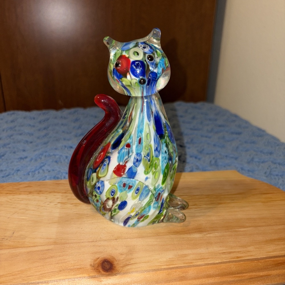 Vintage Murano Millefiori Style Glass Cat Figurine